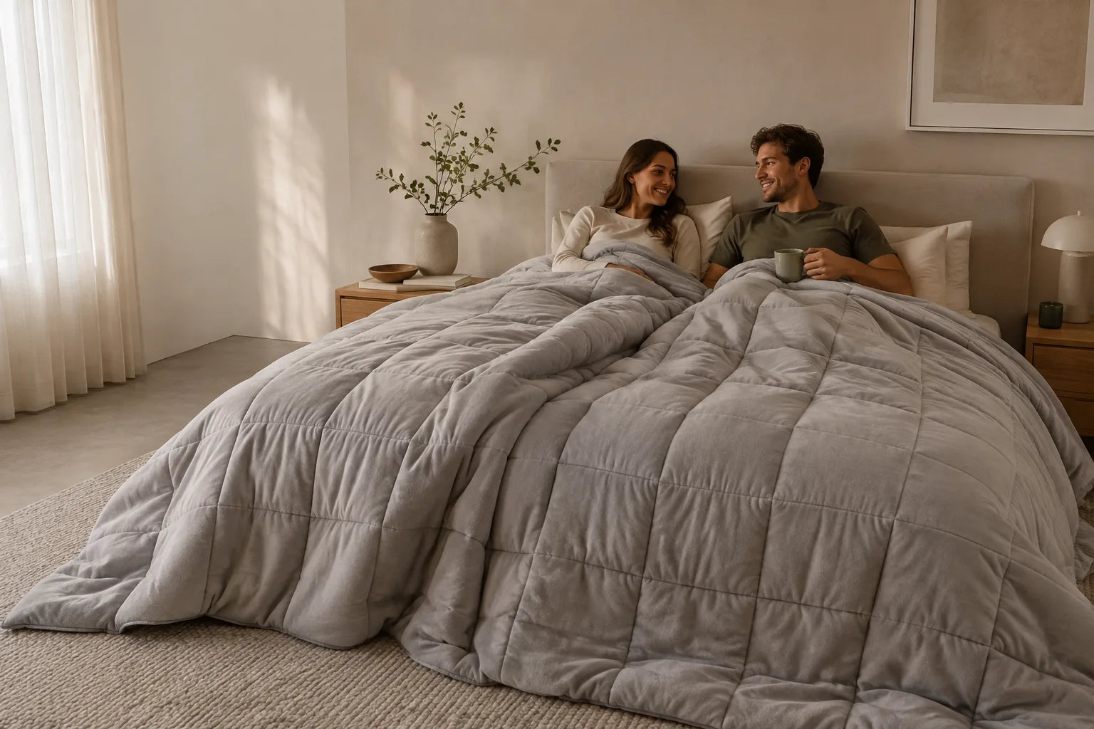 Oversized weighted blanket shared by a couple